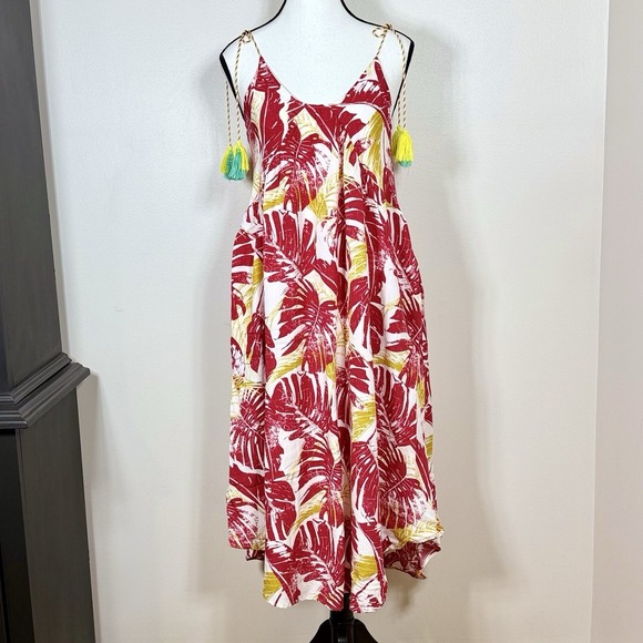Peach Love California Dresses & Skirts - Peach Love Women Tropical Midi Dress S Red White Palm Leaf Tassel Tie Strap Boho